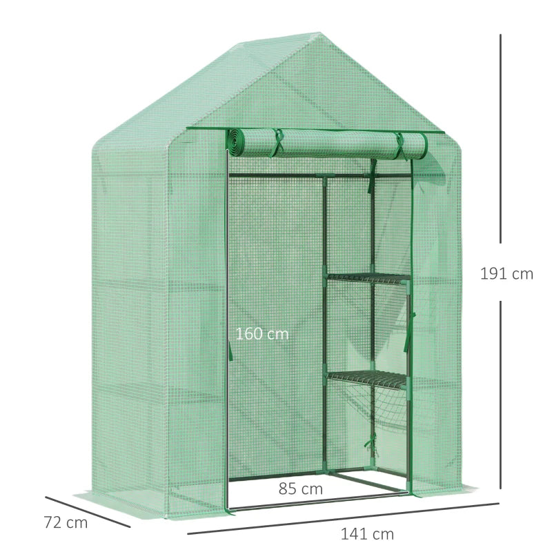 Walk-In Portable Greenhouse with 2-Tier Shelves Zippered Door & PE Cover Green 141x72x191cm