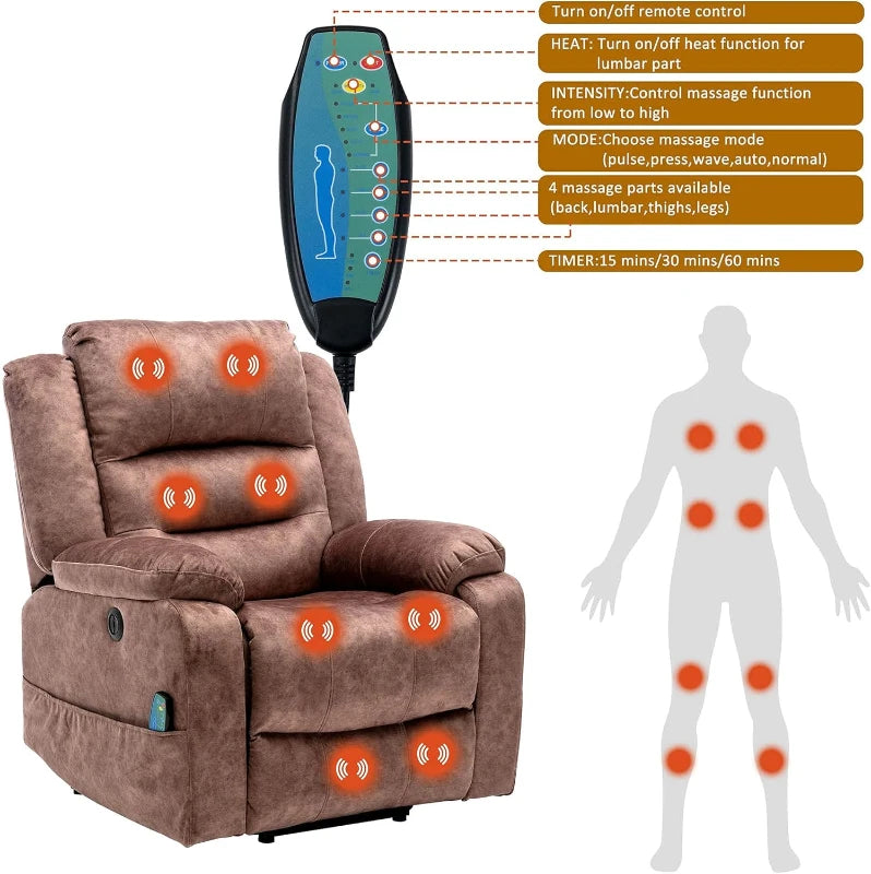 Heated Electric Recliner with Massage & USB – Brown Living Room Chair
