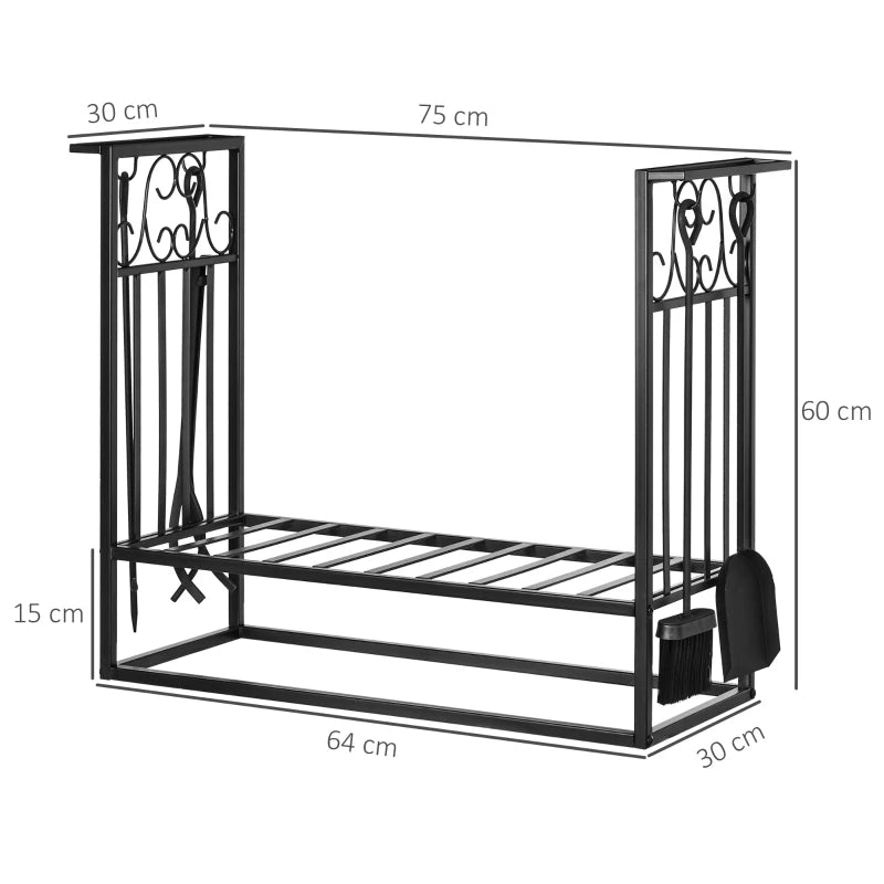 Fireplace Wood Storage Rack with 4 Tools, Steel Log Holder for Indoor and Outdoor Use