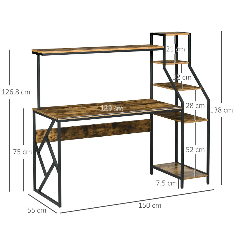 Home Office Desk with Bookshelf & Storage Shelves – Rustic Brown