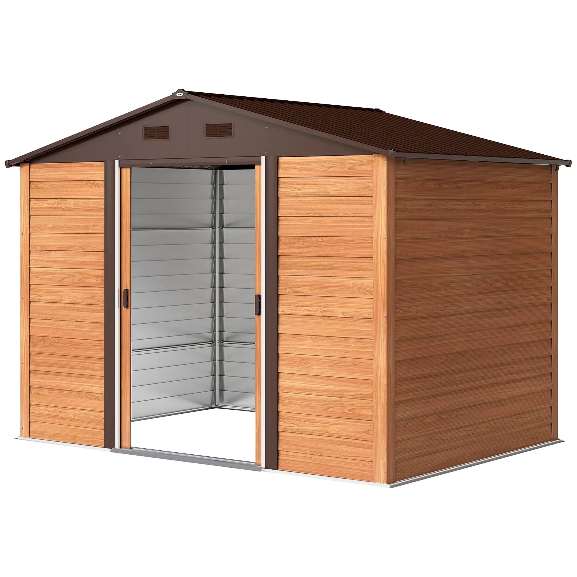 Metal Garden Shed – 9x6ft Galvanized Steel Outdoor Storage with Brown Wood-Effect Finish