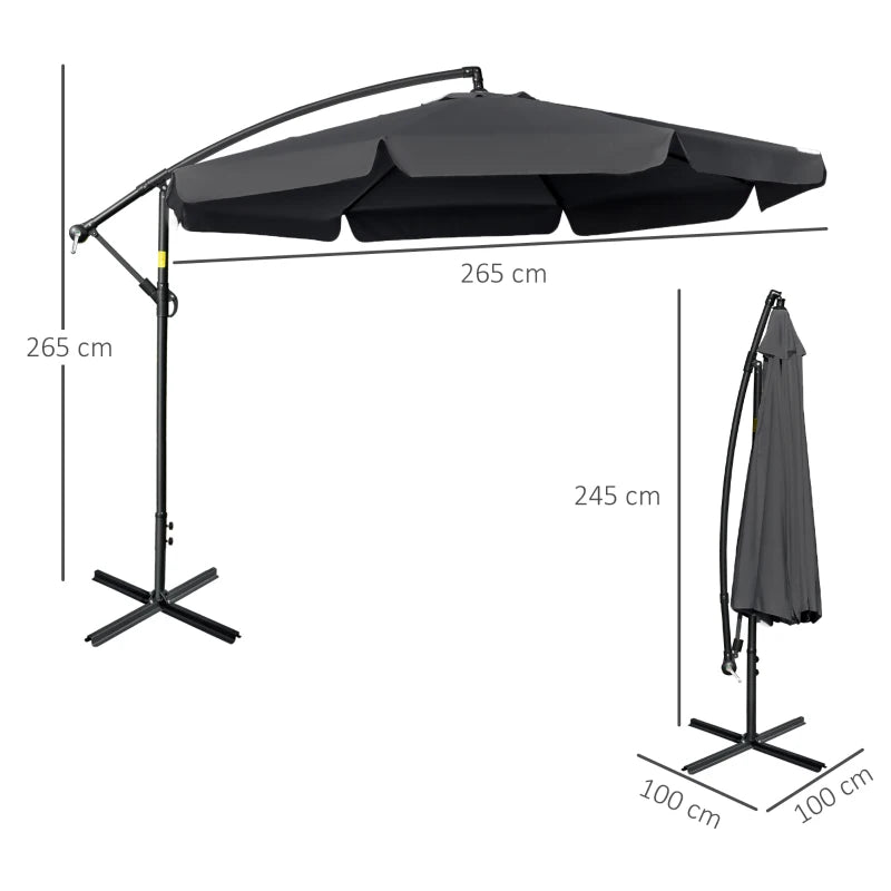 Black banana cantilever parasol with crank handle and cross base for outdoor use – 2.7m