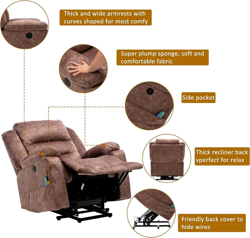 Heated Electric Recliner with Massage & USB – Brown Living Room Chair