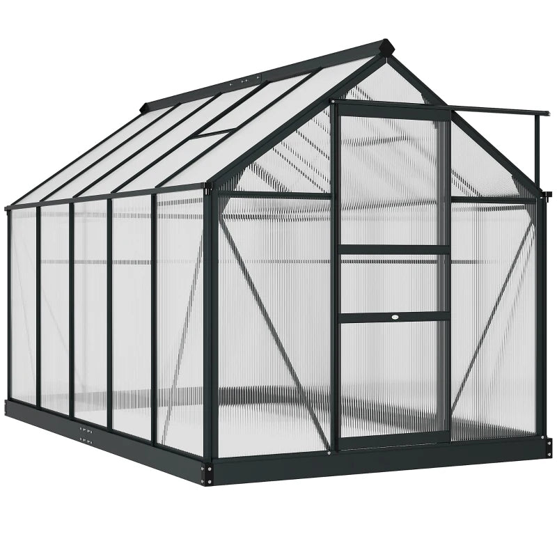 Walk-In Polycarbonate Greenhouse with Aluminium Frame, Door, Window & Base, Grey, 6x10ft