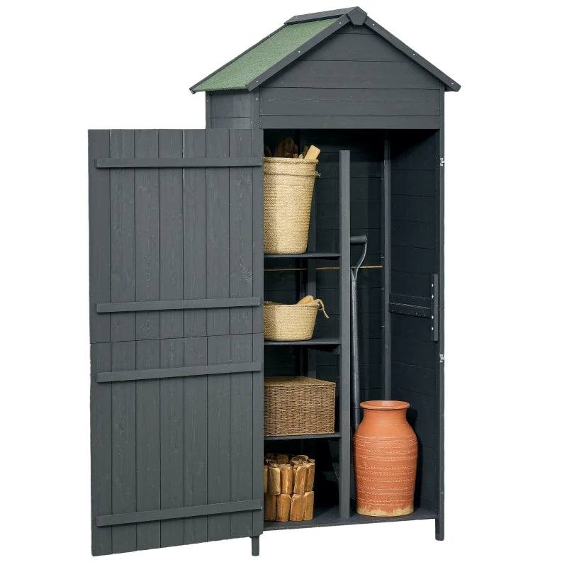 4-Tier Wooden Garden Shed with 3 Shelves & Lockable Double Doors Outdoor Storage, Grey