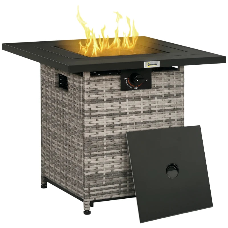 Square Rattan Gas Fire Pit Table for Patio with Lava Stone & Mesh Lid, Grey 40,000 BTU