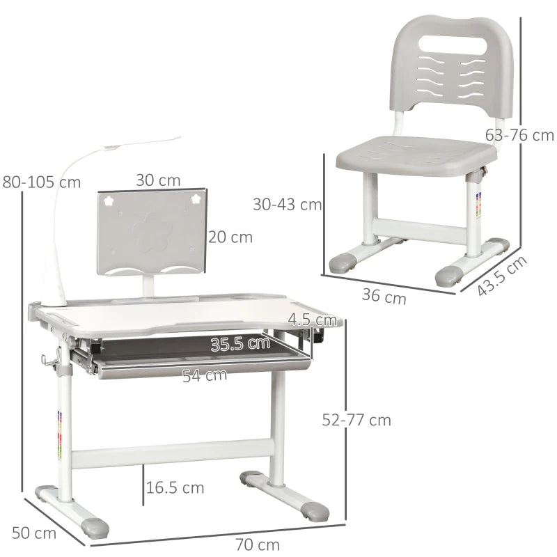 Kids Adjustable Study Desk and Chair Set with Storage Drawer, Grey