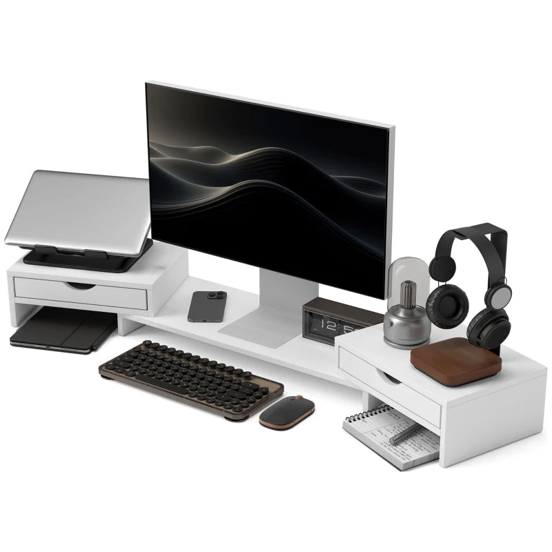 White Dual Monitor Riser – Laptop & PC Stand with 2 Drawers