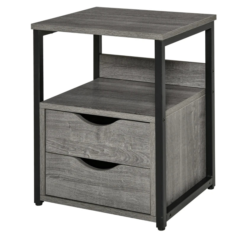 Grey Industrial Nightstand with Storage Shelf & Drawer