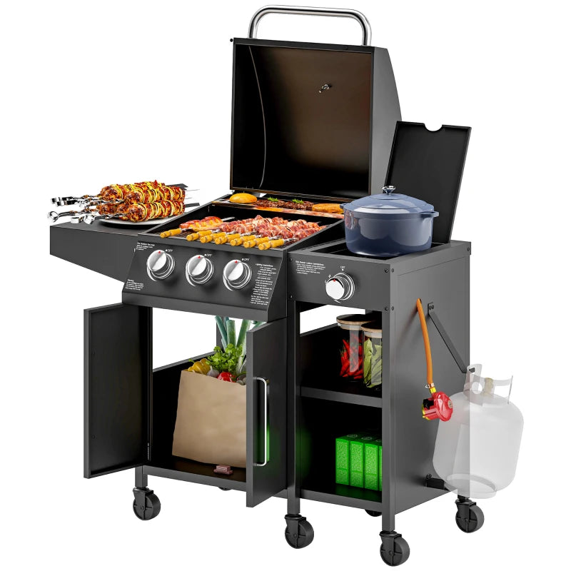 BBQ Grill with Storage Cabinet, Shelves, Thermometer & Wheels for Garden Parties 9.5 kW