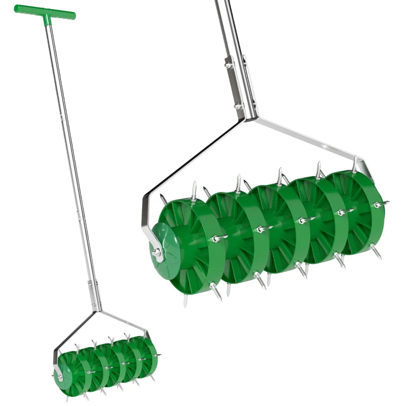 Durable Manual Lawn Aerator with Spike Roller, T-Bar Grip and Detachable Handle for Outdoor Lawn