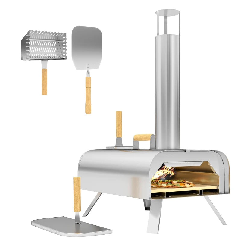 Wood Pellet Pizza Oven Portable with 12" Stone, Peel, Chimney, Foldable Legs, Stainless