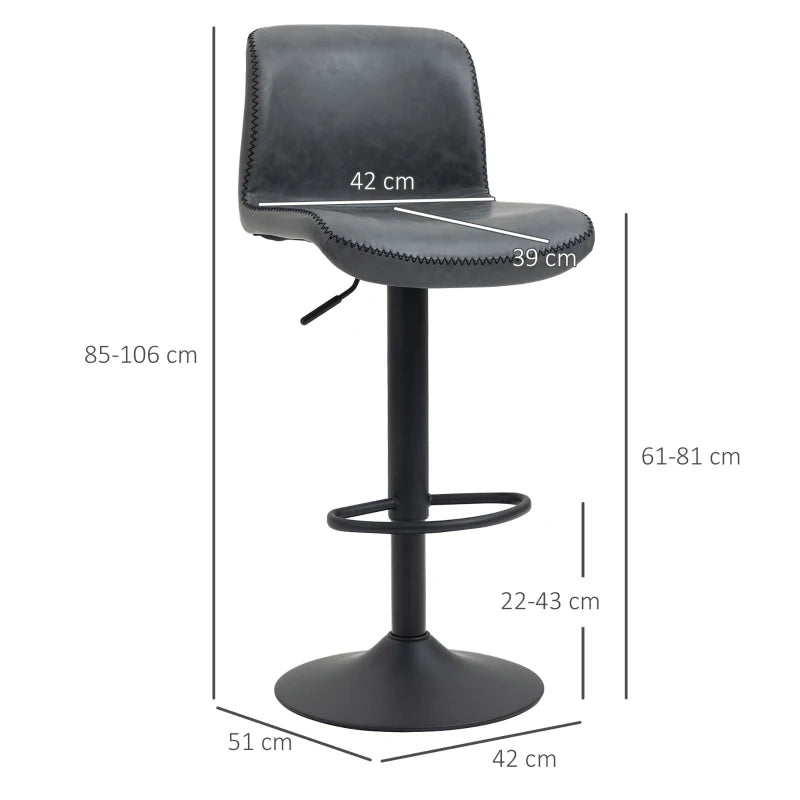 Set of 2 Bar Stools – Dark Grey PU Leather with Backrest & Footrest