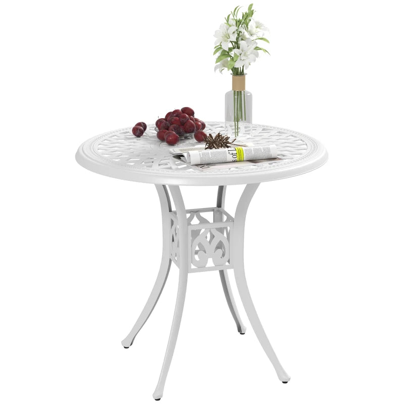 Durable 78cm Round Outdoor Table with Parasol Hole, Antique Cast Aluminium, White