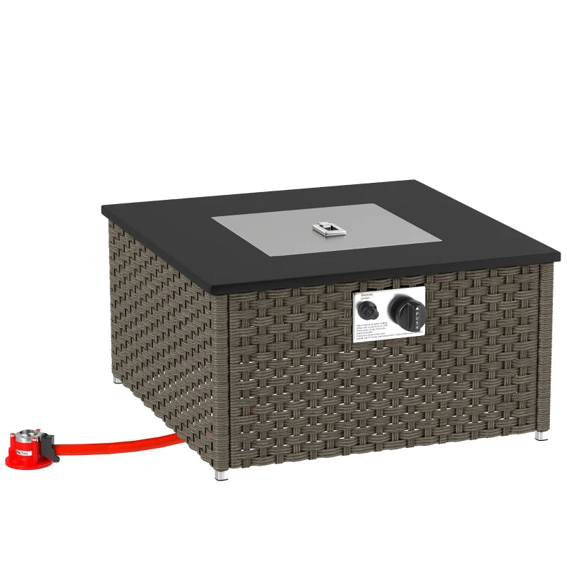 Propane Gas Fire Pit Table with Lid, Rattan Coffee Table & Patio Heater, Grey 58x58x33cm