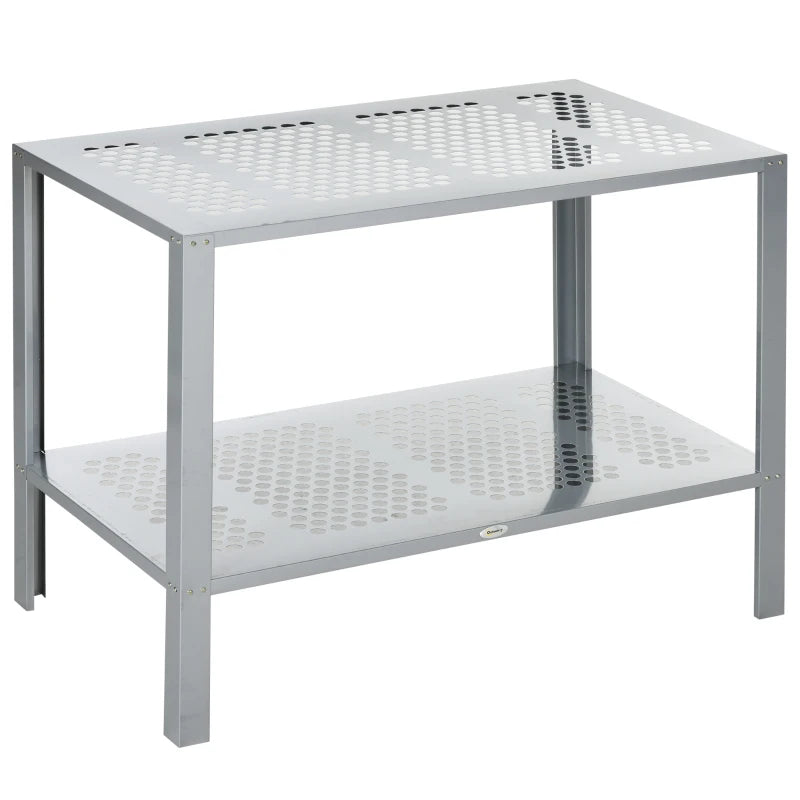 Steel Frame 2-Tier Plant Stand, Silver Corner Shelf for Indoor/Outdoor Plant Display