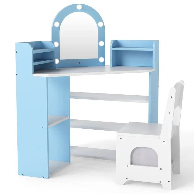 Vanity Table and Chair Set with 3 Storage Shelves and 5 Open Compartments