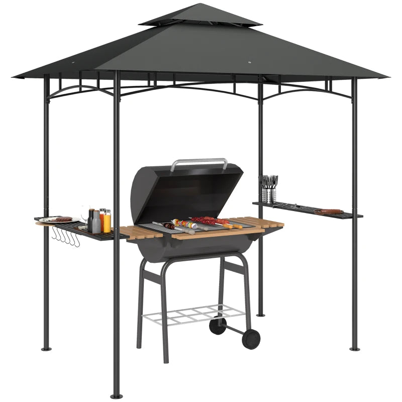 Double Tiered BBQ Grill Gazebo Canopy with LED Lights, Side Shelves & Hooks, Dark Grey, 8x5ft