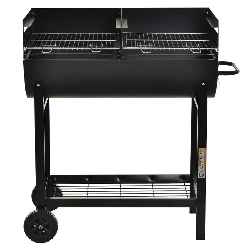 Black Steel 2-Grill Charcoal BBQ with Wheels for Convenient Mobility