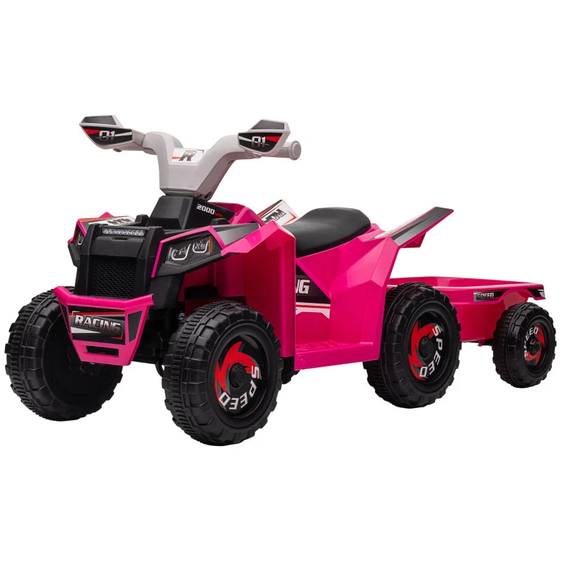 6V Quad Bike with Back Trailer & Wear-Resistant Wheels for Toddlers 18-36 Months - Pink