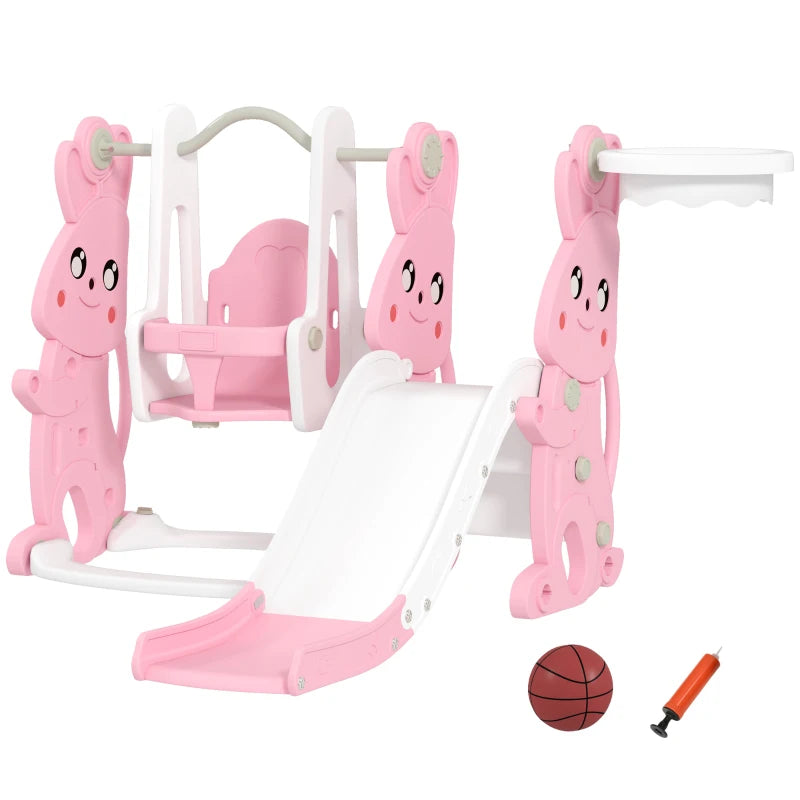Pink Rabbit-Themed 4-in-1 Kids Slide and Swing Set with Climber and Basketball Hoop