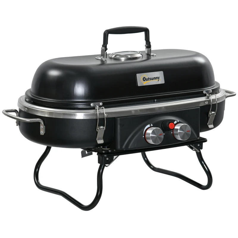 Foldable 2-Burner Table Top Gas BBQ Grill with Lid, Thermometer & Piezo Ignition Aluminium