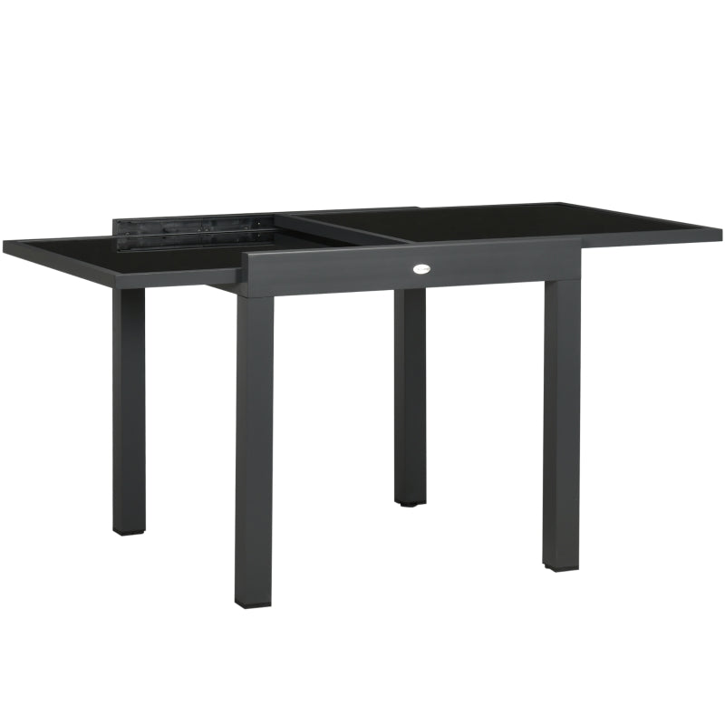 Outdoor Aluminium Extending Table with Black Tempered Glass Top, 80/160x80x75cm