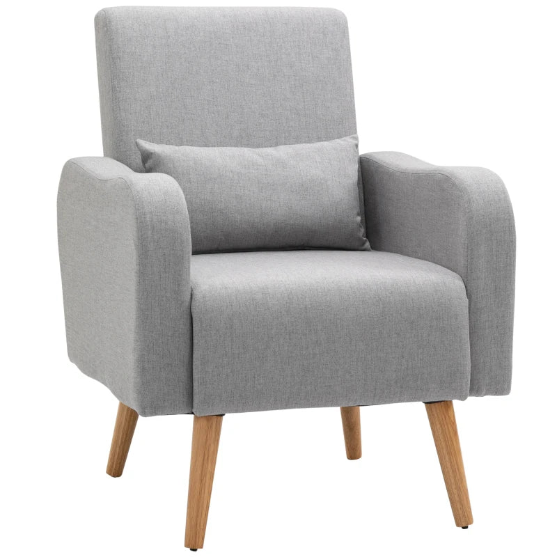 Linen-Feel Accent Armchair with Pillow & Wooden Frame – Grey