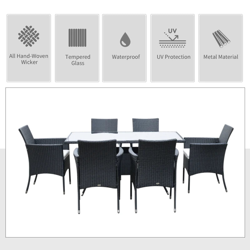 6-Seater Rattan Garden Dining Set with Cushions & Glass Table – Outdoor Black