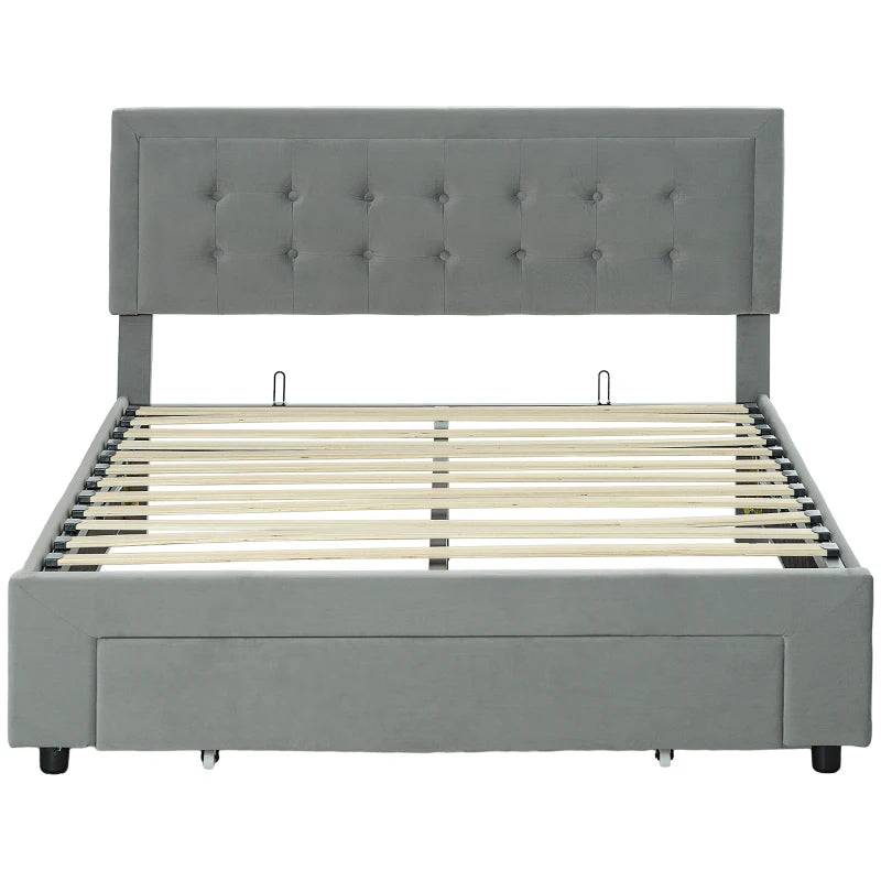 Grey Ottoman Bed Frame Double, 140W x 193.5D x 95H cm, Front Drawer