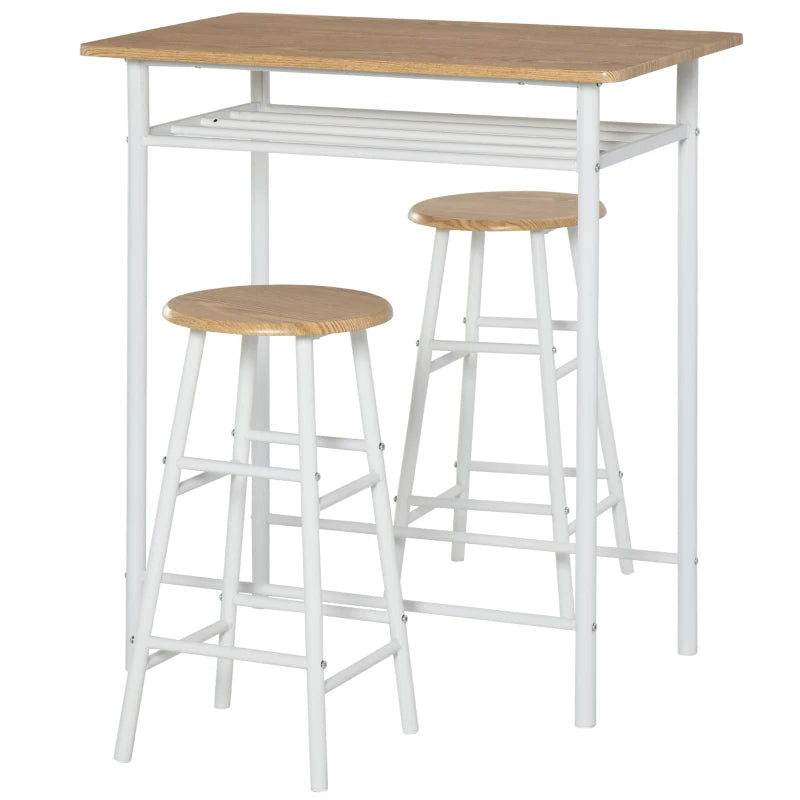 Bar Table Set, White and Oak, with Stools, Footrest & Storage Shelf