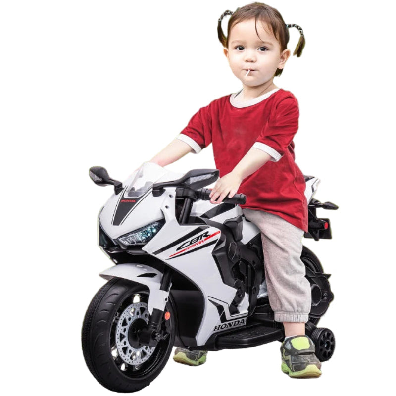 White Honda Licensed 6V Kids Motorcycle with Music and Training Wheels for Beginners