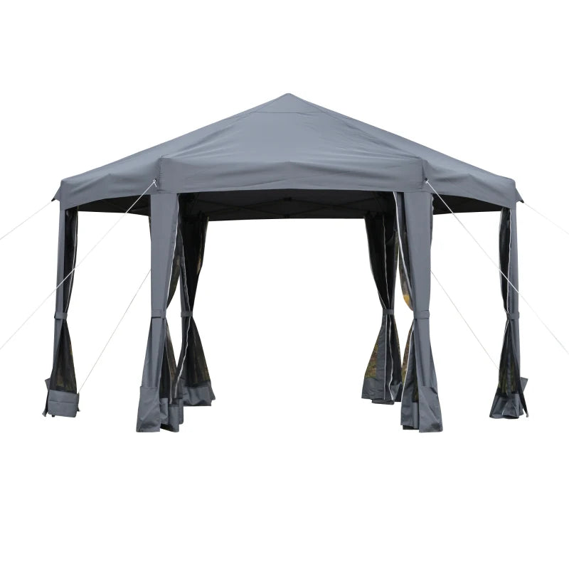 Pop Up Hexagonal Gazebo Canopy Tent with 6 Mesh Sidewalls & Hand Bag, Grey, 3.8x3.2m