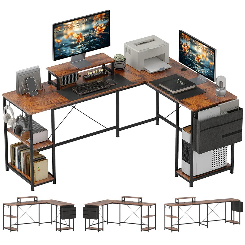 Rustic Brown L-Shaped Corner Desk 168cm with Adjustable Shelf