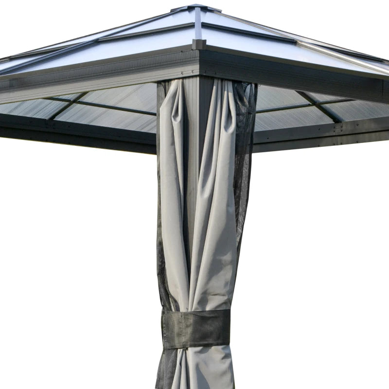Dark Grey Hardtop Gazebo Canopy with Polycarbonate Roof & Netting for Deck 3x3m
