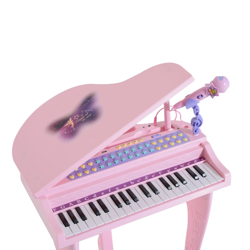 Kids Electronic Grand Piano with Microphone, Lights & Stool – Musical Toy, 37 Keys, Pink
