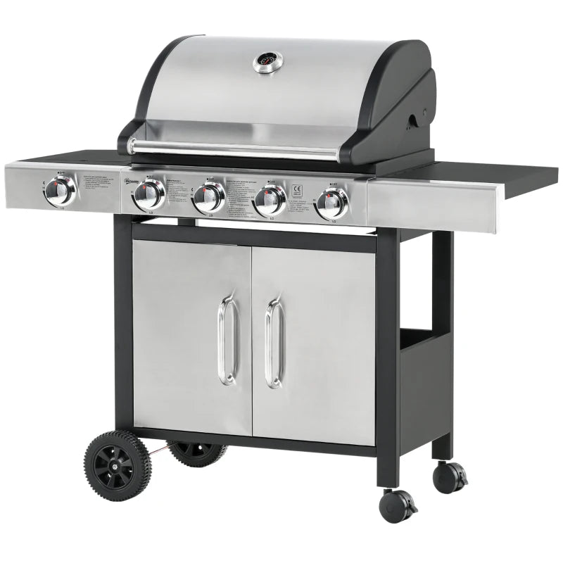 Garden Gas BBQ Grill with 4+1 Burners, Side Shelves, Warming Rack & Storage