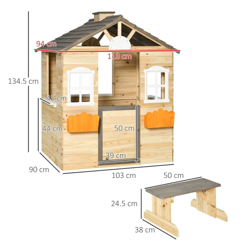 Kids Wooden Outdoor Playhouse with Service Station, Door & Bench, Perfect for Ages 3-7