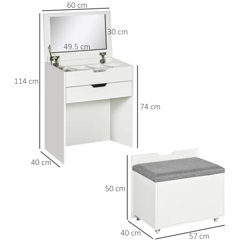 White Vanity Table with Flip-Up Mirror, Hidden Compartments & Stool