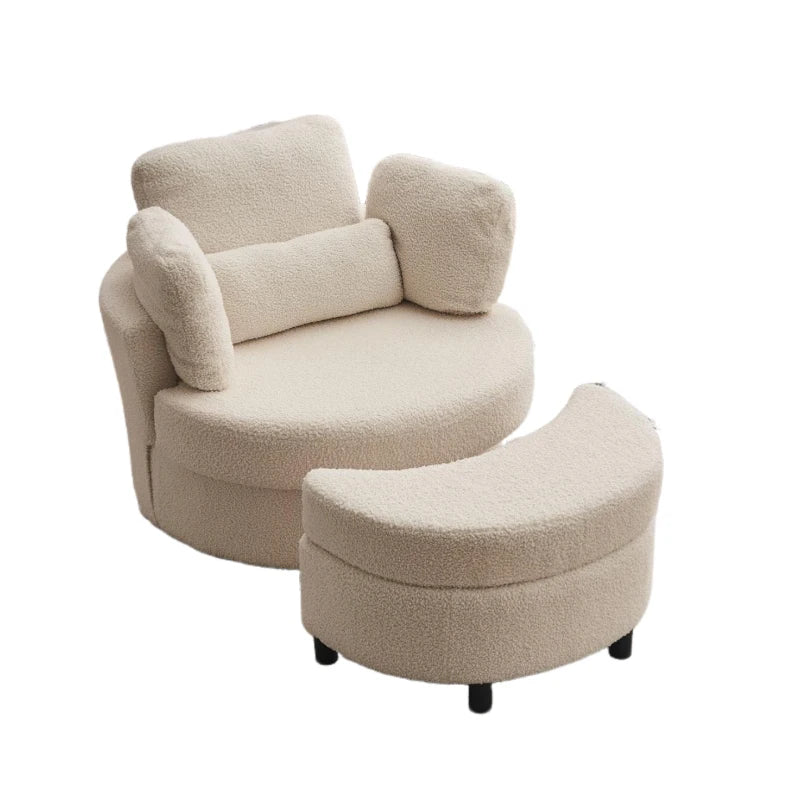 Teddy Fabric Swivel Armchair with Ottoman & Cushions 360° Recline - White