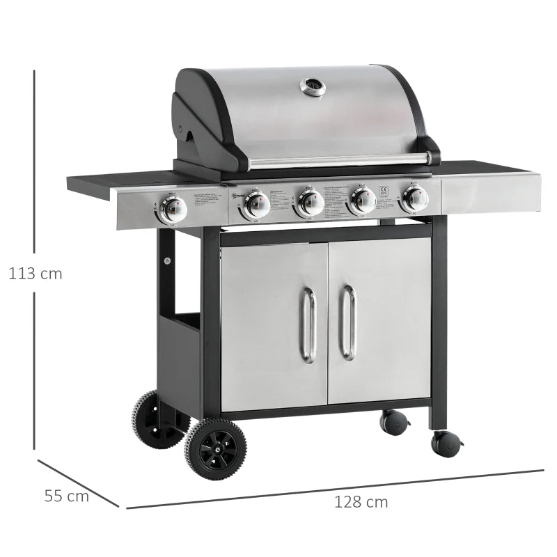 Garden Gas BBQ Grill with 4+1 Burners, Side Shelves, Warming Rack & Storage