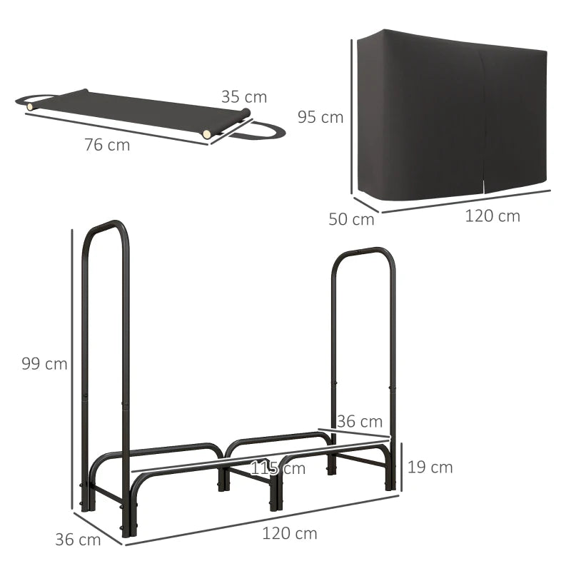 Metal Firewood Storage Rack 4FT with Canvas Bag and Oxford Waterproof Cover, Black