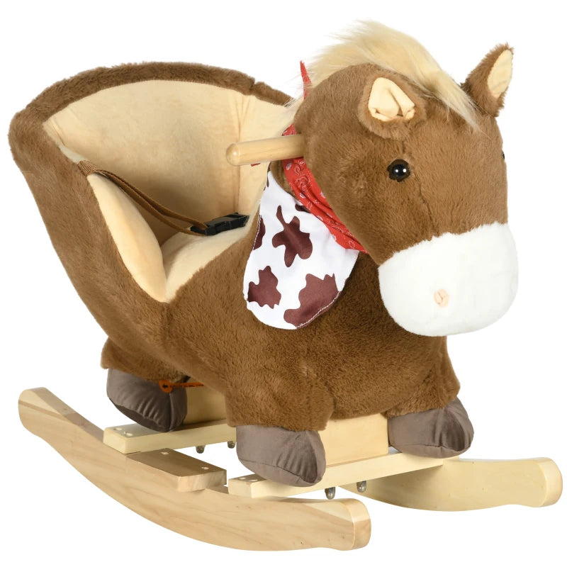 Brown Plush Kids Rocking Horse with Safety Harness, Foot Pedals & Realistic Sounds
