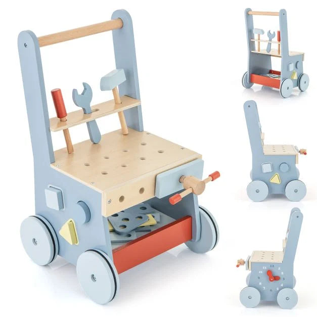 2-in-1 Wooden Baby Push Walker with Multi-Activity Play Center for Toddlers