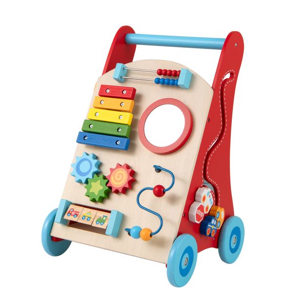 Wooden Baby Walker with Learning Activities, Mirror, and Rolling Wheels