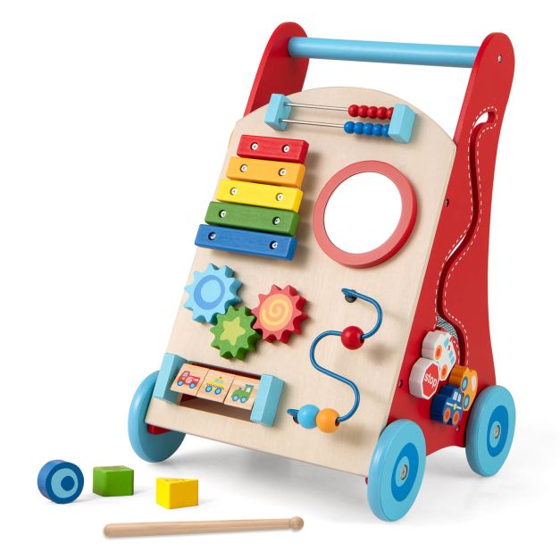 Wooden Baby Walker with Learning Activities, Mirror, and Rolling Wheels