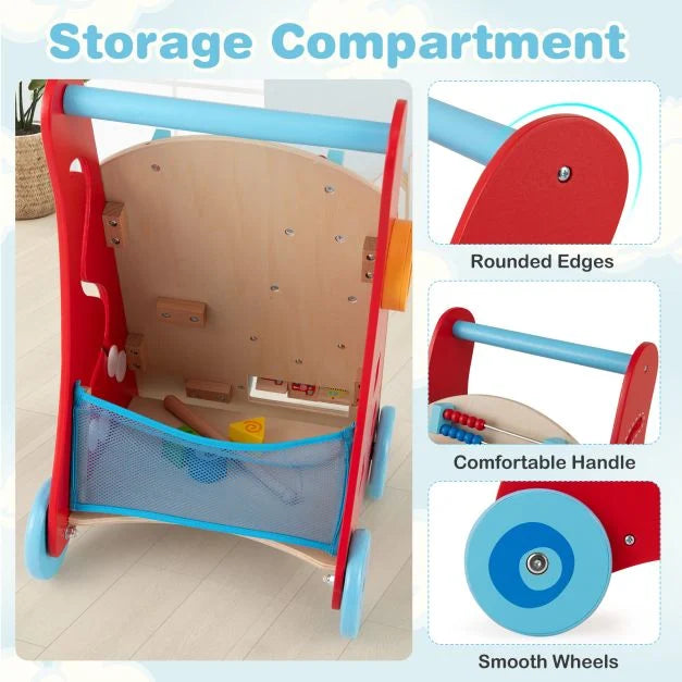 Wooden Baby Walker with Learning Activities, Mirror, and Rolling Wheels
