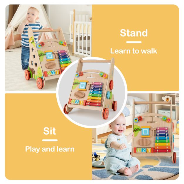 Wooden Baby Walker Push Toy with Learning Activities and Storage for Toddlers