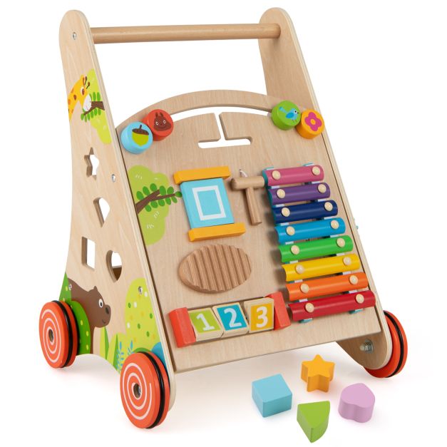 Wooden Baby Walker Push Toy with Learning Activities and Storage for Toddlers