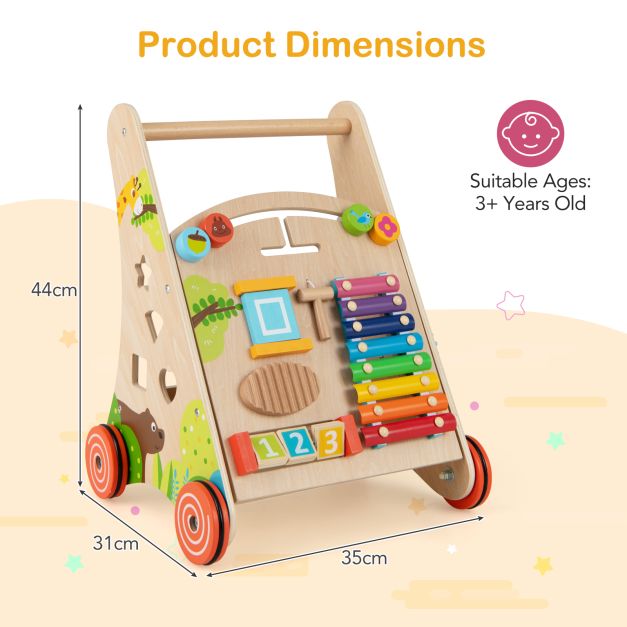 Wooden Baby Walker Push Toy with Learning Activities and Storage for Toddlers